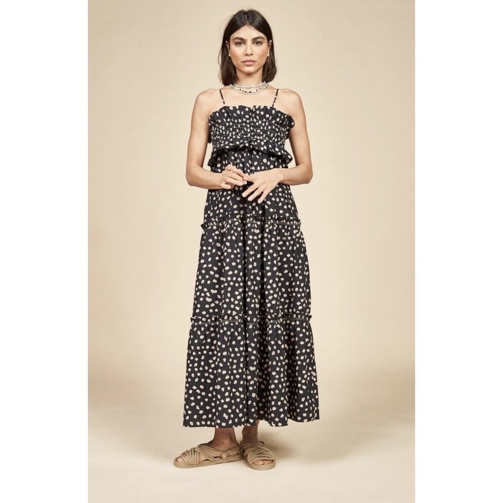 Hunter Bell Reese Midi Dress Desert Poppy Black Beige Spots Ruffle Small